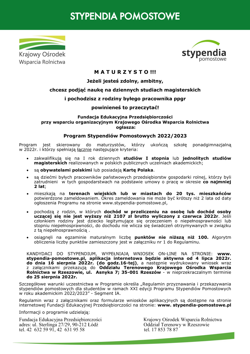 Stypendia pomostowe - Krajowy Ośrodek Wsparcia Rolnictwa