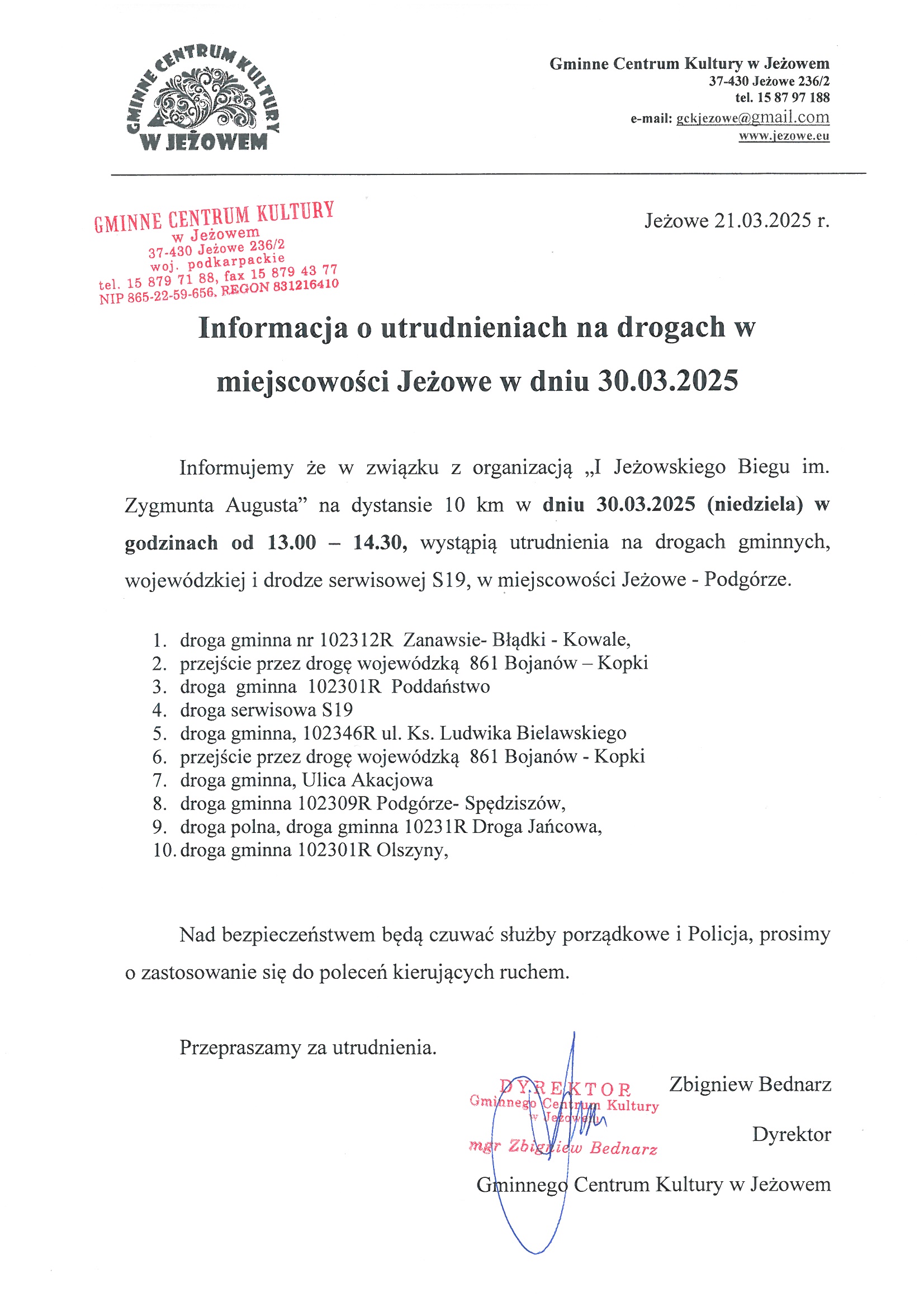 Utrudnienia w ruchu drogowym w Jeżowem – 30 marca 2025 r. (godz. 13:00 - 14:00)