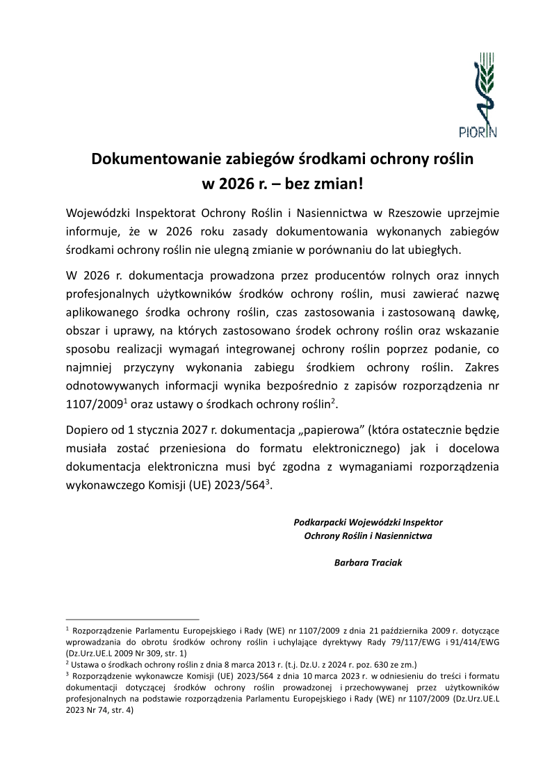 Dokumentowanie zabiegów środkami ochrony roślin w 2026 r. - bez zmian