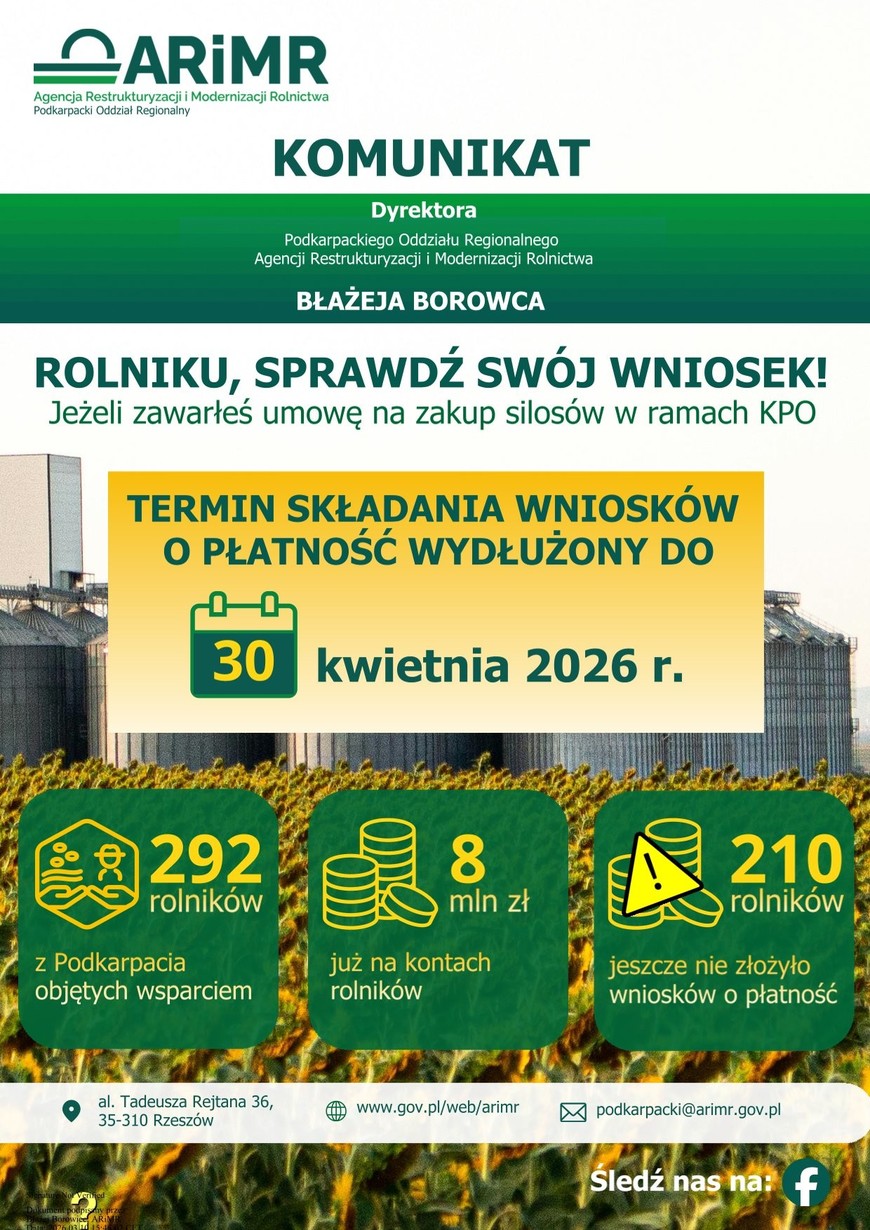 Komunikat Agencji Restruktyzacji i Modernizacji Rolnictwa w sprawie realizacji inwestycji w silosy w ramach KPO 
