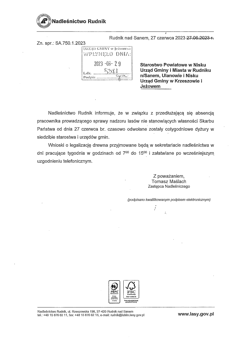 Informacja o odwołaniu cotygodniowych dyżurów pracownika Nadleśnictwa Rudnik