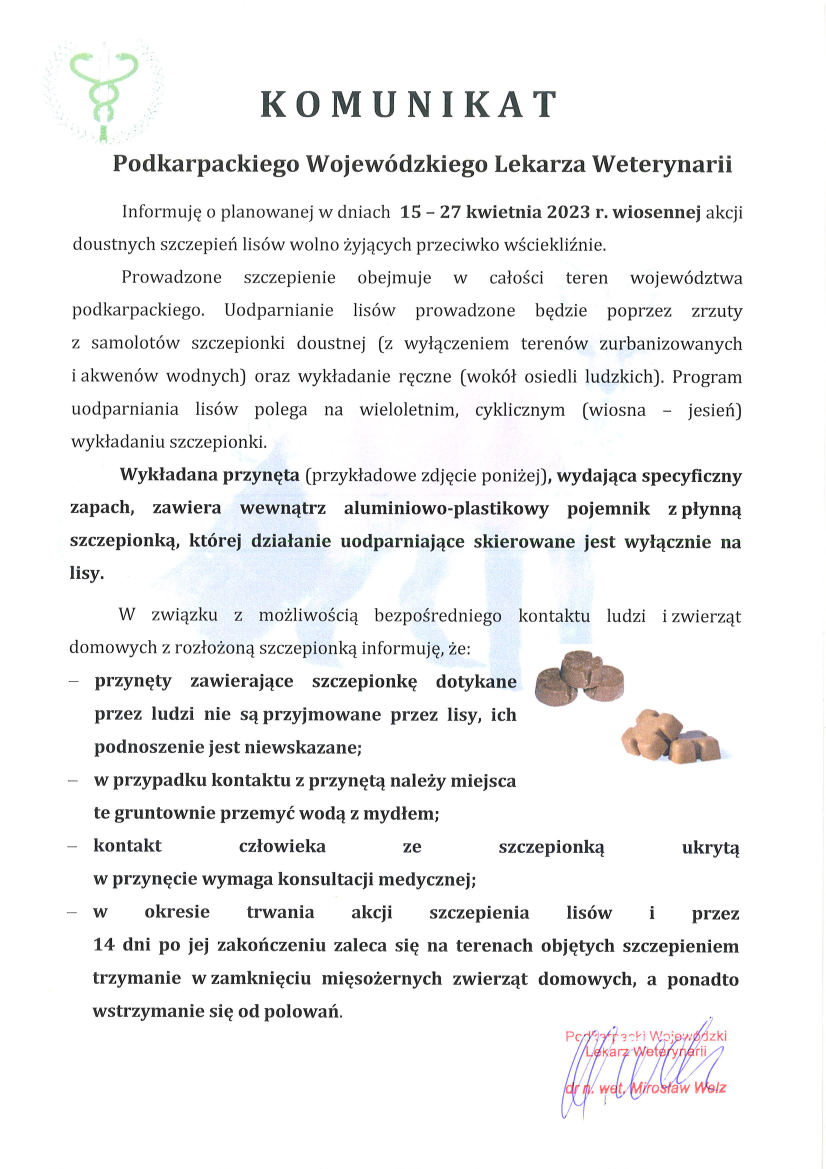 Komunikat Podkarpackiego Lekarza Weterynarii