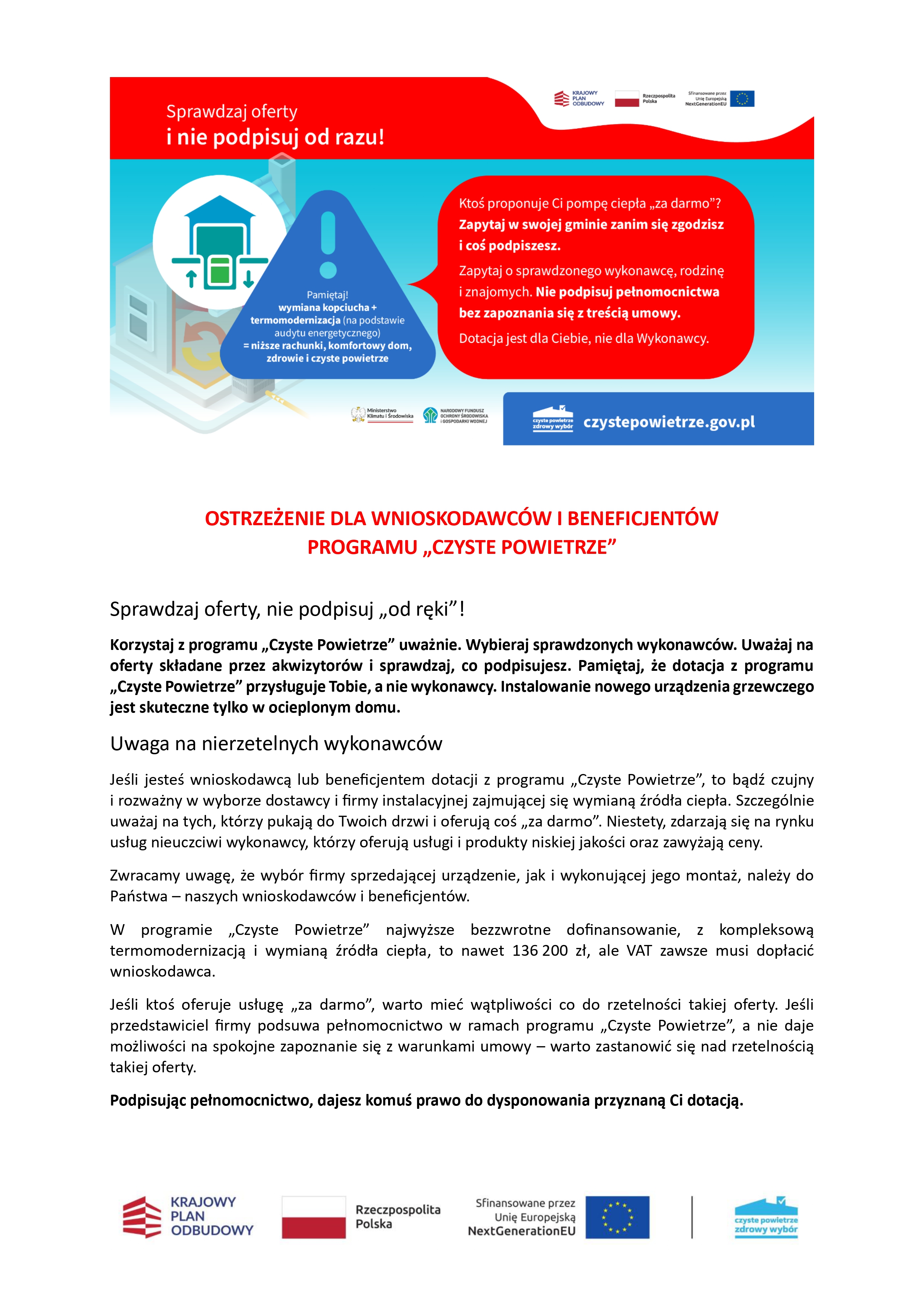   Komunikat dla wnioskodawców i beneficjentów programu "Czyste Powietrze" przed nieuczciwymi wykonawcami.