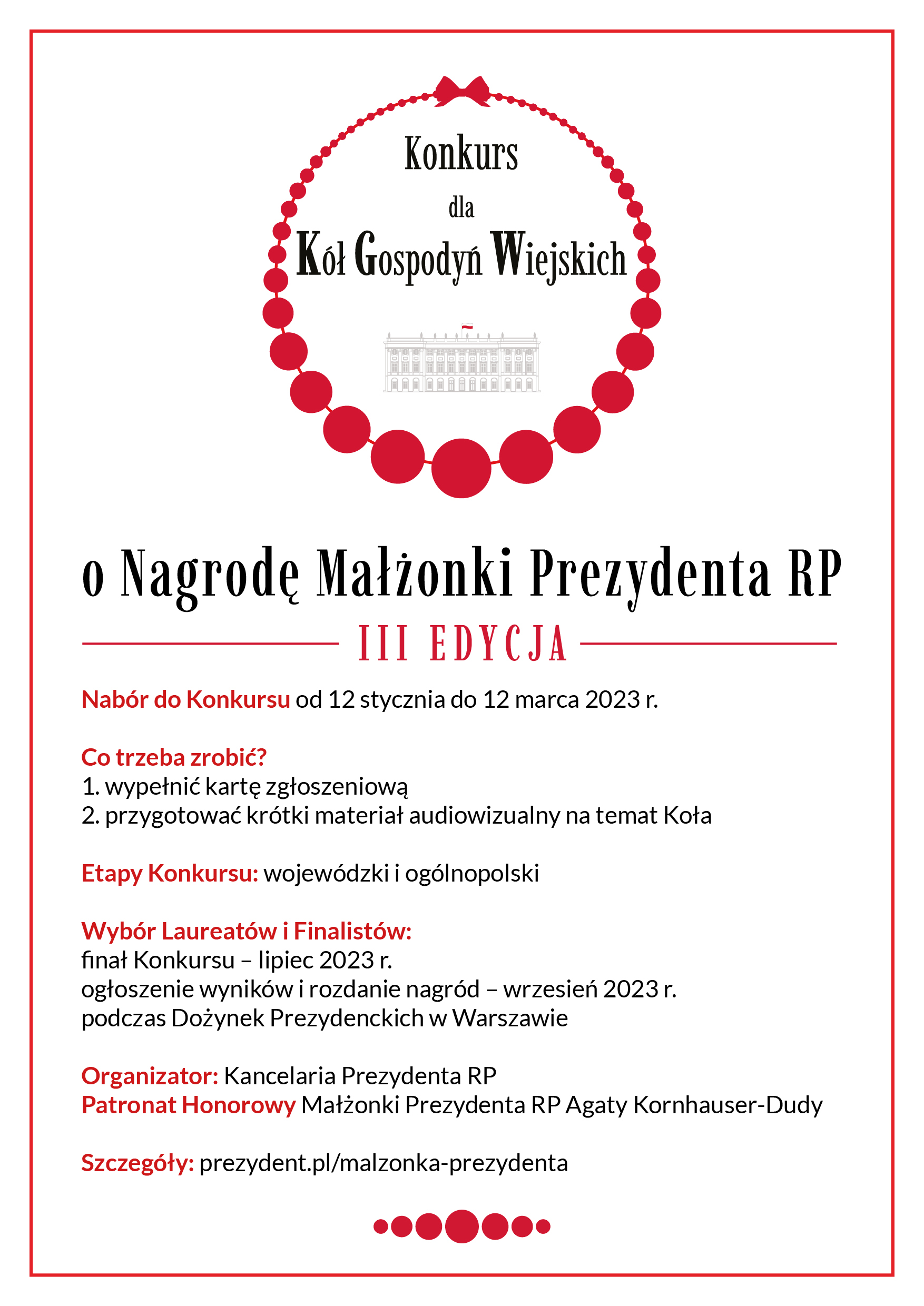 Konkurs dla Kół Gospodyń Wiejskich o Nagrodę Małżonki Prezydenta RP 