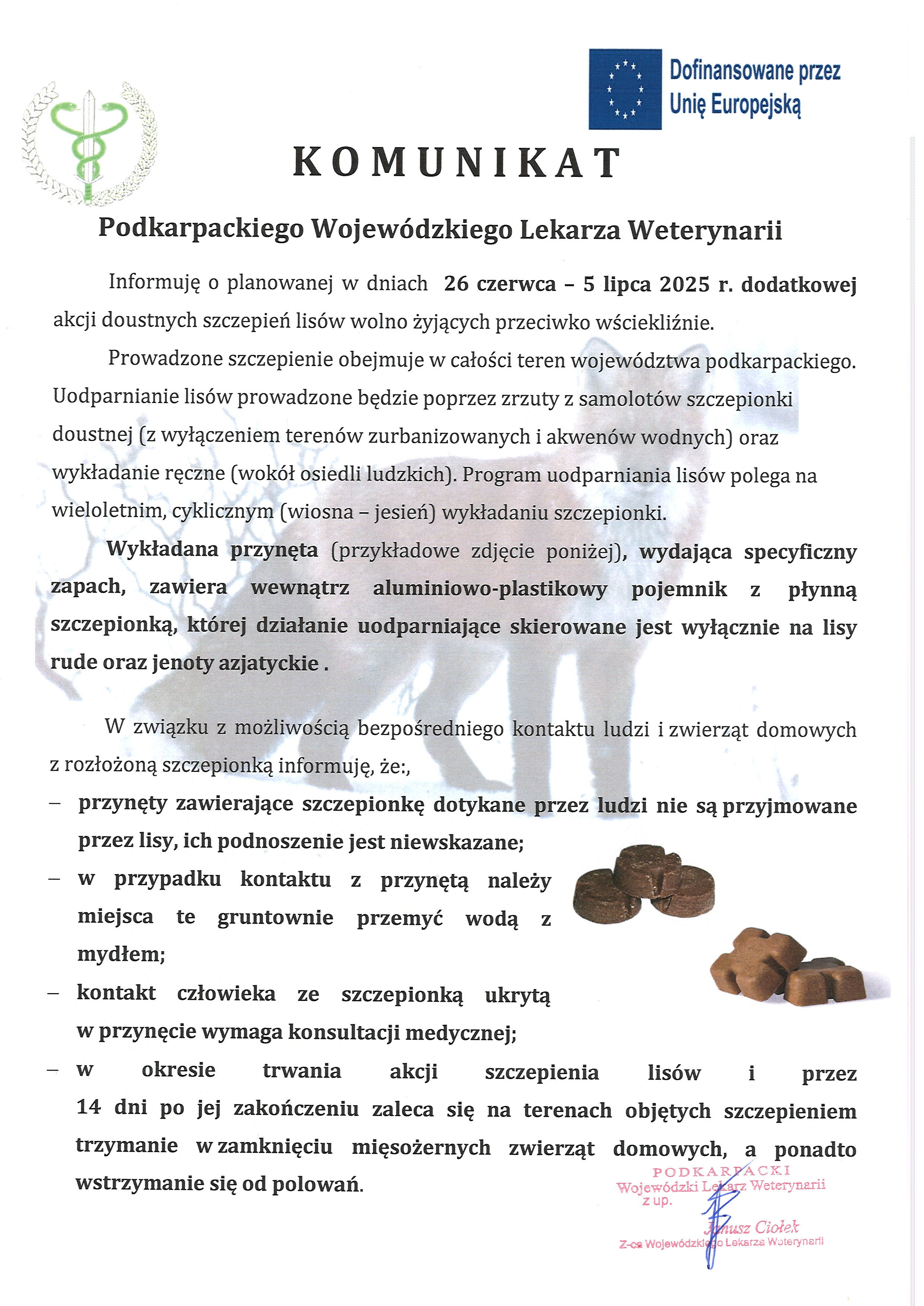 Komunikat Podkarpackiego Wojewódzkiego Lekarza Weterynarii odnośnie szczepień lisów